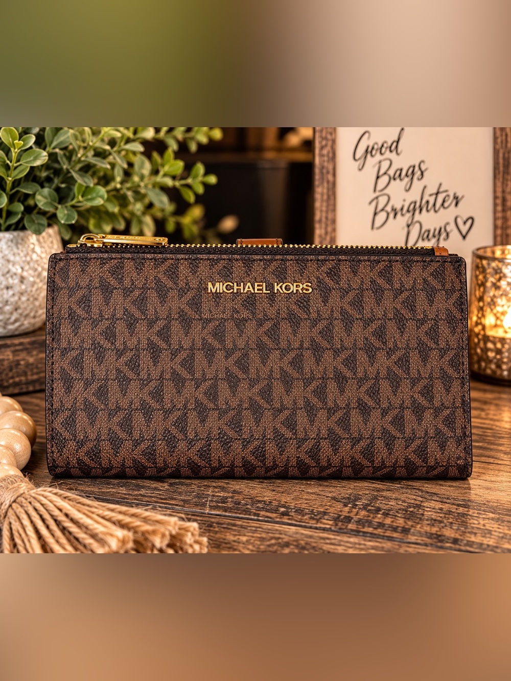 Michael Kors Brown MK Signature Double Zip Continental Wallet Gold Hardware